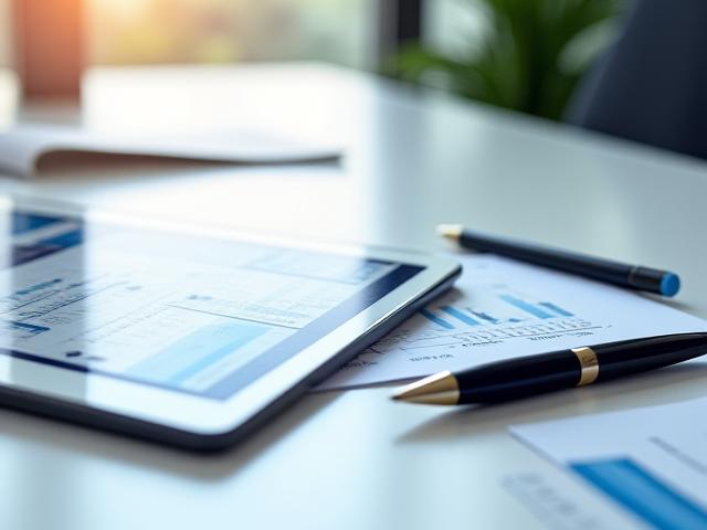 Sophisticated stack of organized financial documents and a digital tablet showing compliance metrics